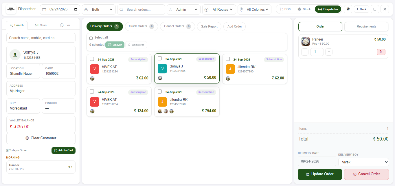 Dispatcher screen for delivery orders and subscriptions